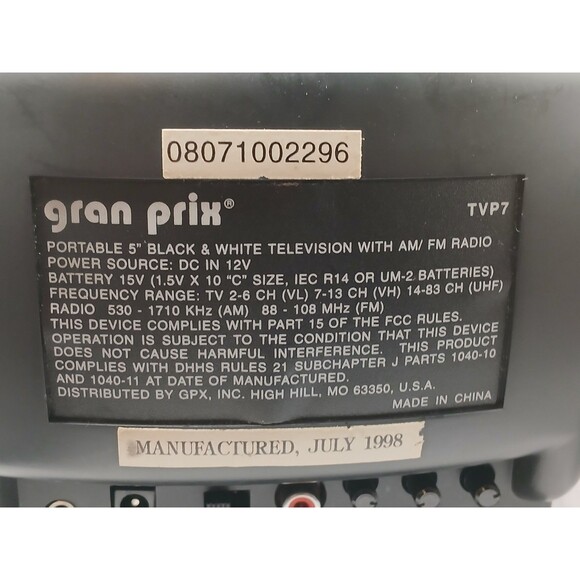 Vintage GPX Portable 5 Inch B/W CRT Retro Gaming TV & AM/FM Radio Works Great - Picture 13 of 16
